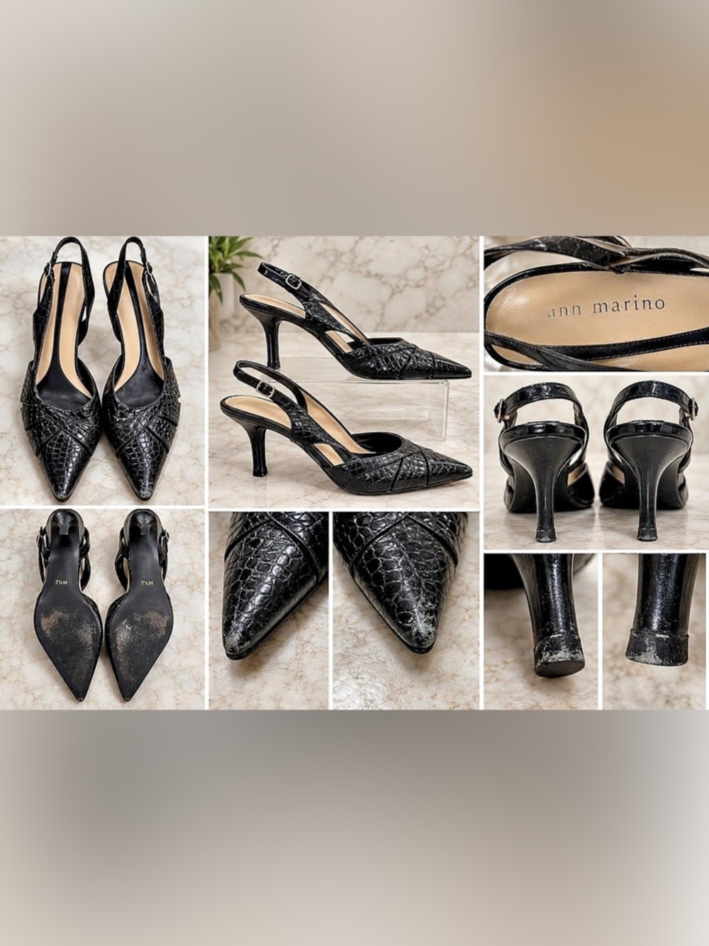 Ann Marino Black Croc Embossed Pointed Toe Slingback Heels Pumps Size 7.5M